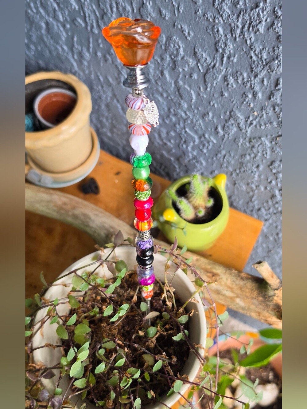 Handmade Halloween/fall Plant Stake. orange Rose Topper And Owl Charm